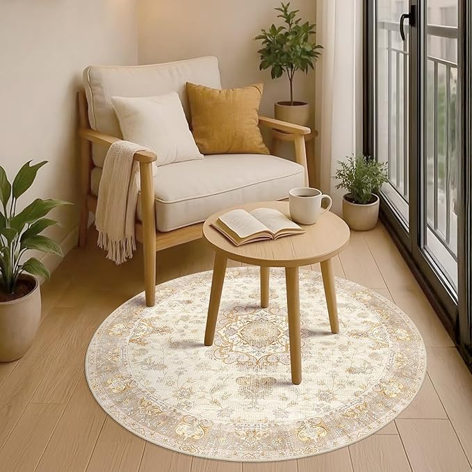 Beige Round Rug 4ft,Circle Washable Area Rugs for Bedroom Bathroom Entryway Kitchen,Small Boho Vintage Bohemian Distressed Oriental Floral Carpet Non Slip,Retro Gold Floral