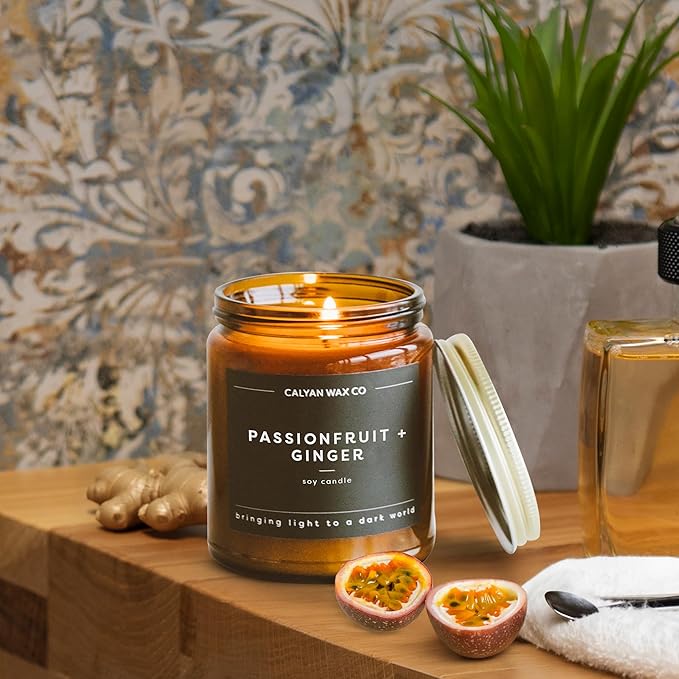 Calyan Wax Co. Passionfruit & Ginger Scented Candle - 57 Hour Burn - Luxury Non Toxic Soy Wax Candles - Long Lasting Amber Glass Jar Candle for Home - 7.2oz