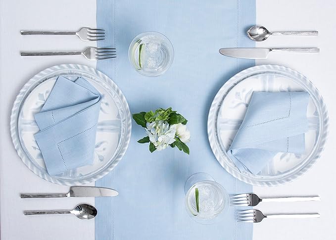 Solino Home Linen Hemstitch Table Runner 108 Inches Long - 100% Pure Linen Sky Blue Table Runner 14 x 108 Inch for Spring, Easter - Classic Hemstitch