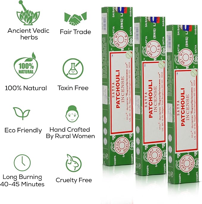 Satya Patchouli Incense Sticks, Satya Bng (Bangalore) Insenses 15gmx3 Pack (45 GMS) with Raajsee Incense Holder Bundle, Satya Nagchampa Natural Incense