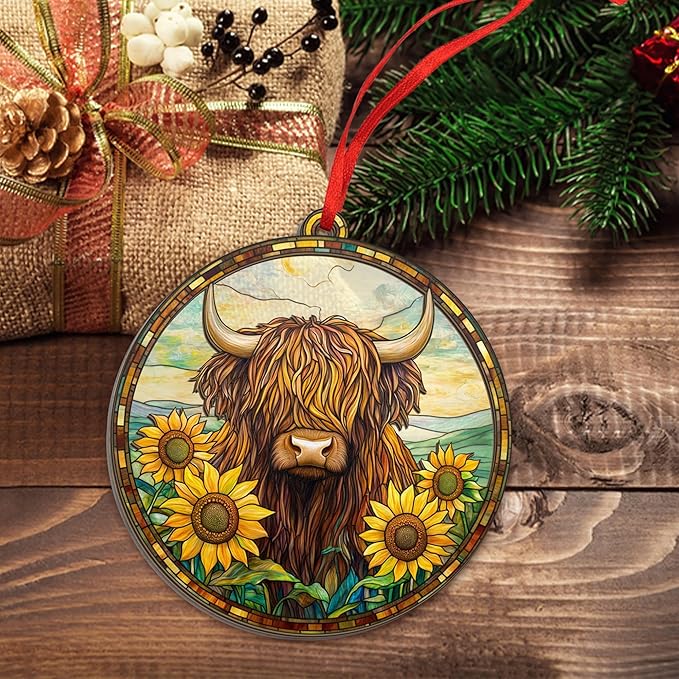 GEEMBI Christmas Highland Cow Gifts for Women Men - Suncatcher Ornaments for Tree 2025 - Highland Cow Ornaments for Christmas Tree, Animal Lover Gifts for Mom Dad, Farmhouse Decor Xmas Decorations