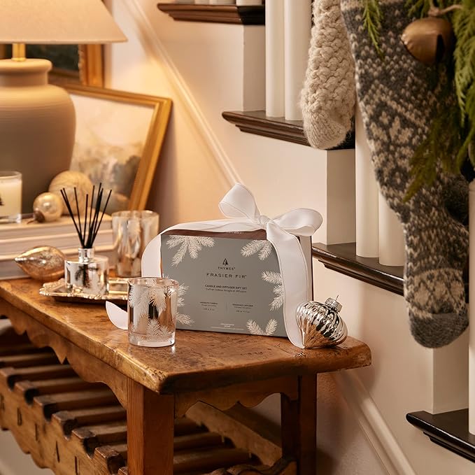 Thymes Frasier Fir Statement Candle and Diffuser Gift Set - Holiday Home Decor - Notes of Siberian Fir, Cedarwood, and Sandalwood - Silver (4 fl oz Petite Diffuser + 5 oz Candle)