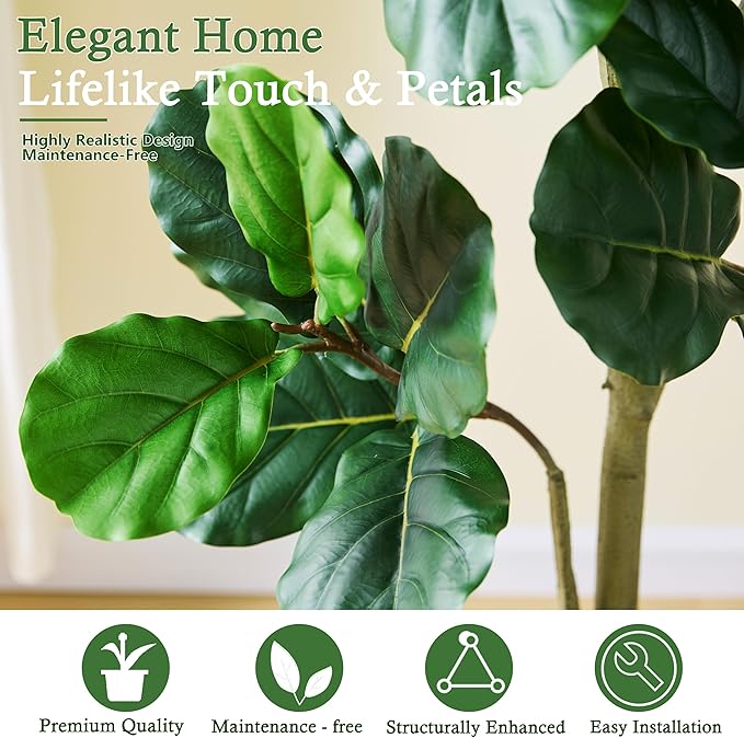 Artificial Fiddle Leaf Fig Tree：7FT Tall Faux Ficus Lyrata Plant Fake Fig Trees Realistic Green Silk Large Leaves with Natural Trunks & Pebbles in Black Planter for Indoor Outdoor Office Home.