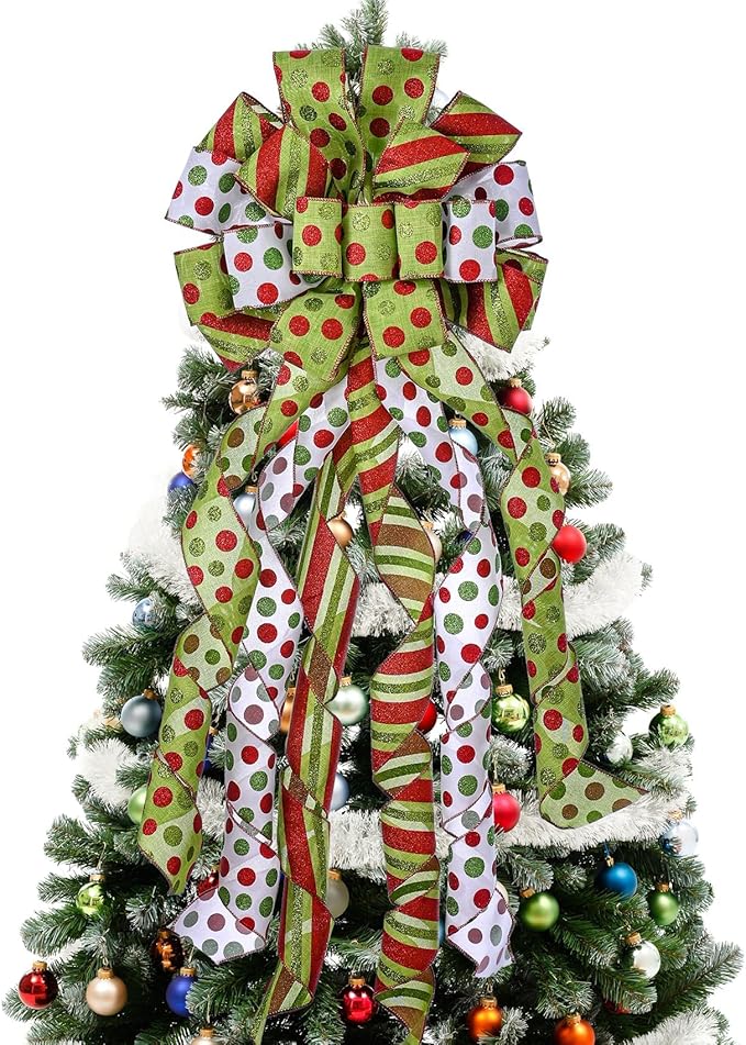 Christmas Tree Topper Wreath Bow Large Green Christmas Bow Tree Topper, Red Green Dot Polyester Gift Bows for Xmas Ornament Holiday Home Thanksgiving Indoor/Outdoor Decoration 45"x13"