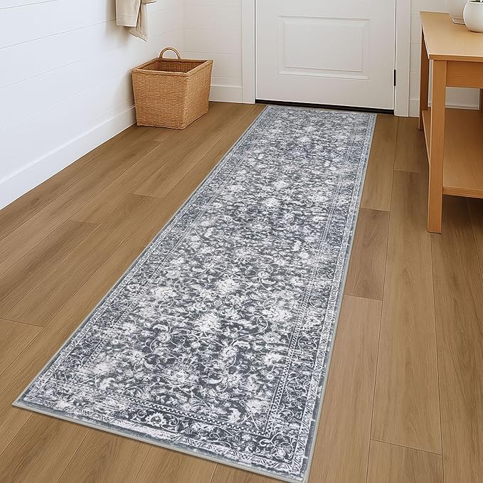 KILOCOCO Hallway Runner 2x7 Rug Runner Printed Vintage Floral Washable Kitchen Runners Non-Slip Rubber Backed Runners for Hallways Laundry Room Distressed Boho Rugs for Entryway Bedroom, Grey
