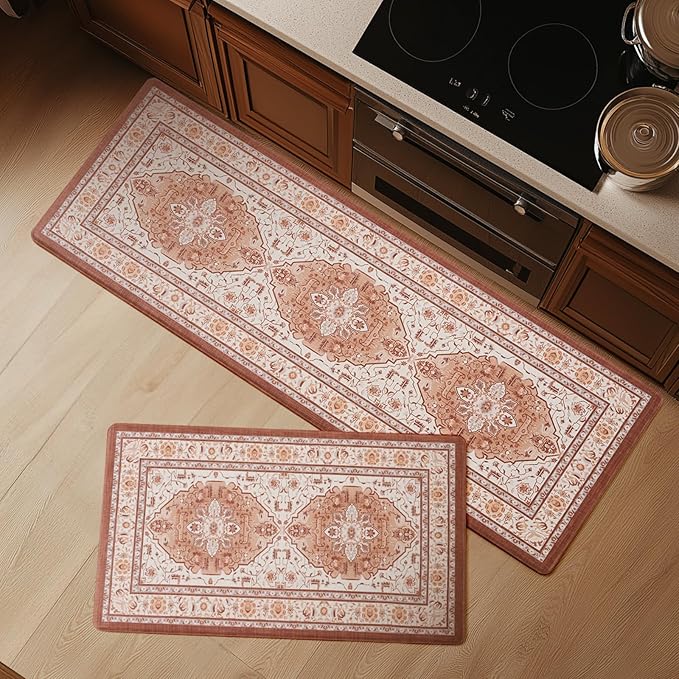 FRESHMINT Anti Fatigue Kitchen Mats Set 2 PCS, Waterproof & Non-Skid Medallion Kitchen Rugs, Cushioned Kitchen Floor Mats for Standing Washable Comfort Kitchen Runners for Lanudry, Office, Sink