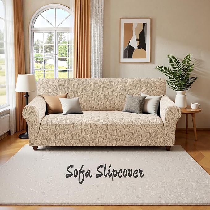 YEMYHOM 1 Piece Stretch Couch Covers for 3 Cushion Couch, Jacquard Sofa Cover with Non-Slip Elastic Bottom, Thickened Slipcover Furniture Protector for Dogs Pets (Large, Khaki）