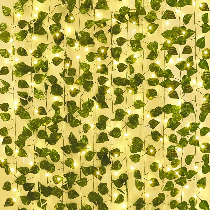 CEWOR 24 Pack 173ft Fake Ivy Vines, Artificial Ivy Garland with 200 LED String Lights, Hanging Plants Greenery Backdrop Green Leaves for Bedroom Room Wall Decor Wedding Party Table Decoration