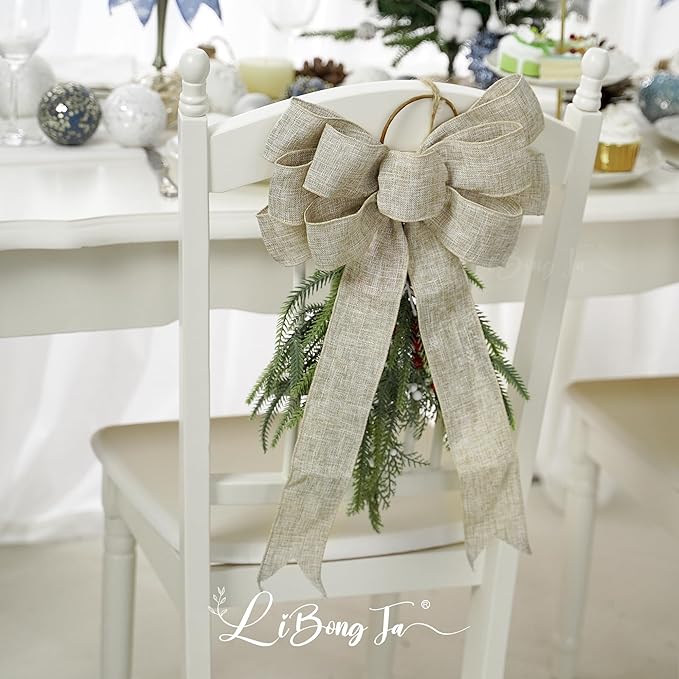 13" Burlap Wired Ribbon Bow Christmas Tree Topper Bow, Rustic Bow Party Decorations, Premade Bows with Twist Tie, Large Gift Bow for Outdoor Wreath, Wedding, Holiday, Birthday-1 PCs