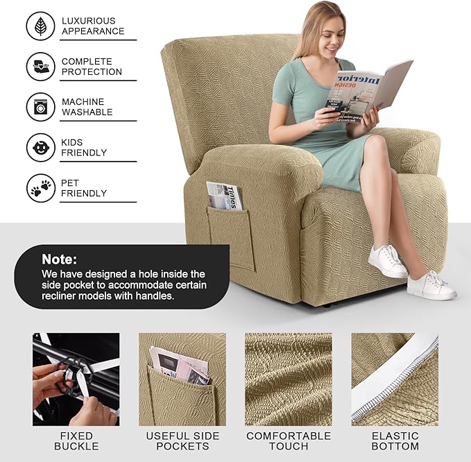 Timeles Recliner Covers Recliner Chair Covers Reclining Couch Covers Sofa Slipcovers Stretch Soft Washable (Single-Seater, Khaki)