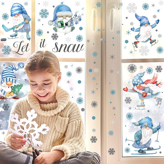 135 Pcs Winter Wall Decals Snowy Winter Gnome Stickers Snowflake Wall Decals White and Blue Stickers Christmas Window Clings for Home Bedroom Kitchen Decor Gift