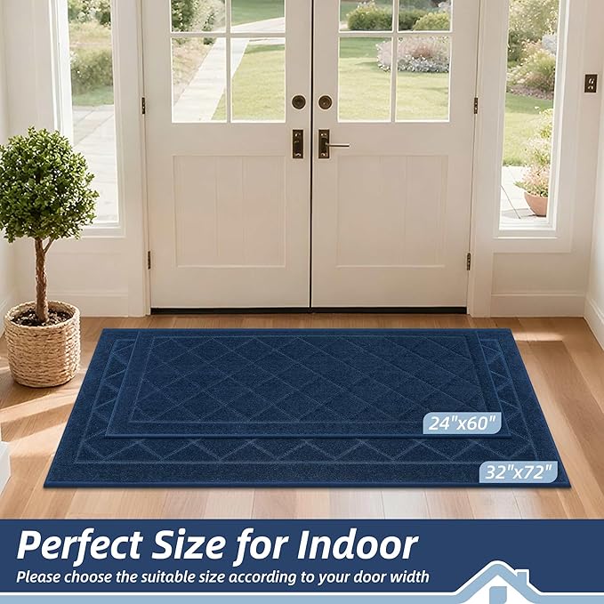 BEQHAUSE Dirt Trapper Door Mat 24" x 60", Doormat Non-Slip Entryway Rugs Washable, Dog Door Mat Stain Resistant and Absorbent Welcome Floor Mat for Front Back Door, Muddy Wet Shoes & Paws, Navy Blue