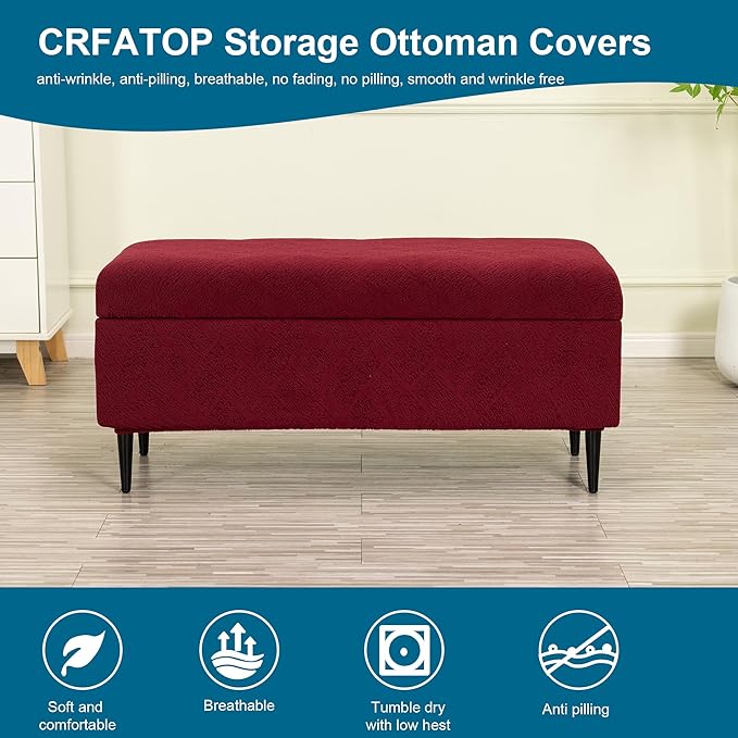 CRFATOP Jacquard Ottoman Stool Cover Stretch Folding Storage Footstool Bench Slipcovers Upholstered Foot Chest Chair Covers Washable Entryway Furniture Protector with Elastic Bands,M,Burgundy