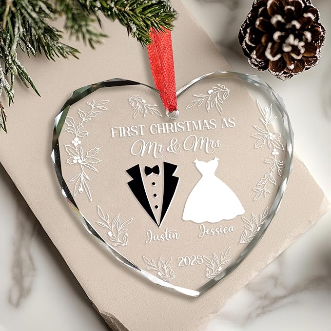 Personalized First Christmas Married Glass Ornament 2025 – Custom Mr and Mrs Photo Ornament – Personalized Wedding Gift with Picture Name Date – Couple Family Keepsake (HOTQ0912WE01C)