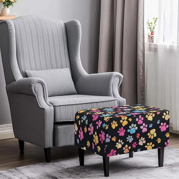 Colorful Paw Stretch Ottoman Slipcover Easy to Install Rectangular Footstool Cover Form Fit Folding Storage Furniture Protector for Living Room Sofa Footstool 33X30X15 Inch