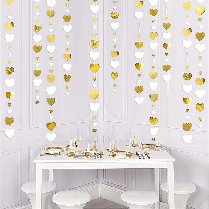 White Gold Heart Garland Hanging Paper Love Heart Streamer Banner for Baptism Engagement Anniversary Valentines Day Birthday Bachelorette Mothers Day Wedding Bridal Shower Party Decorations Supplies