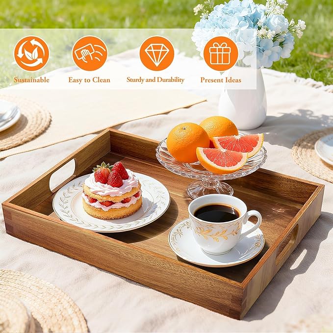 Serving Trays - 2 Pack, Acacia Wood Serving Platters with Ergonomic Handles, Versatile Rustic Decorative Trays for Breakfast, Brunch, Dinner, Coffee Table, Party, Kitchen-M