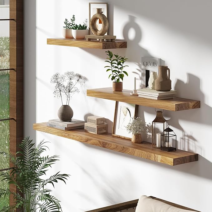 Rustic Wood Floating Shelves for Wall Decor, Elm Wood Shelves 48 Inch Long, 8 Inch Deep Floating Shelf with for Living Room Bathroom Bedroom Kitchen, 48 x 8 Wall Shelves Set of 1, Natural Color