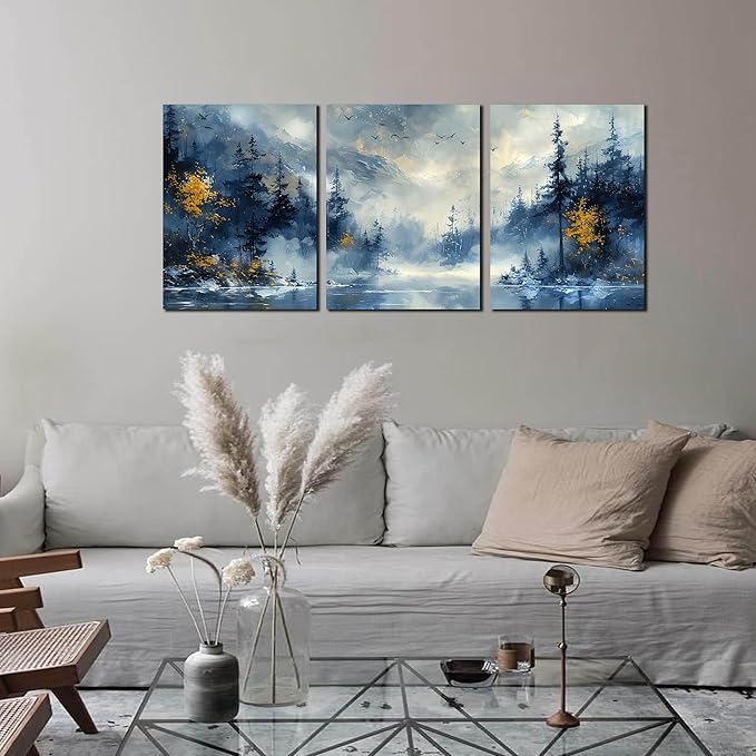 SIXTTART Forest Pictures Wall Art for Office - Modern Blue Canvas Art Wall Decor for Living Room - 3 Piece Wall Art for Bedroom Size 12" x 16"