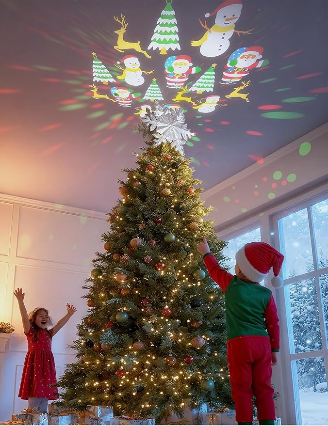 DG-Direct Christmas Tree Topper Lighted with 6 Projected Patterns, Led Rotating Magic Snowflake, 3D Hollow Glitter Lighted Silver Snow Tree Topper for Christmas Tree Decorations, Silver
