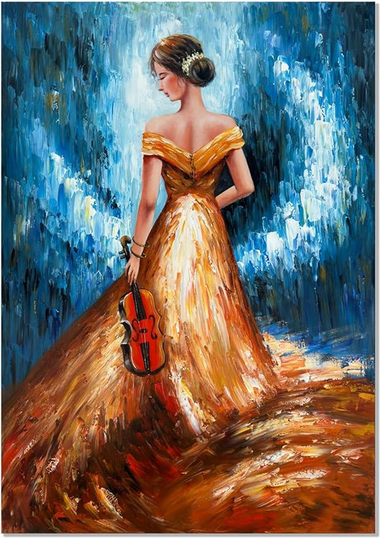 zoinart Hand Painted Abstract Oil Paintings Wall Art 28x40 Inches Large Modern 3D Vertical Canvas Wall Art Musical Girl Contemporary Art Framed Textured Artwork for Home Decorations