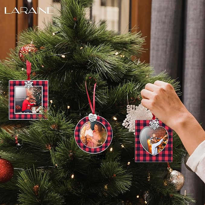 Laraine Christmas Tree Ornaments 3 Pieces – Decorative Hanging 2025 Plaid Pendant with 2.5” Picture Frame Insert Pet Holiday Keepsake Gift (Plaid-Red&Black (2025))