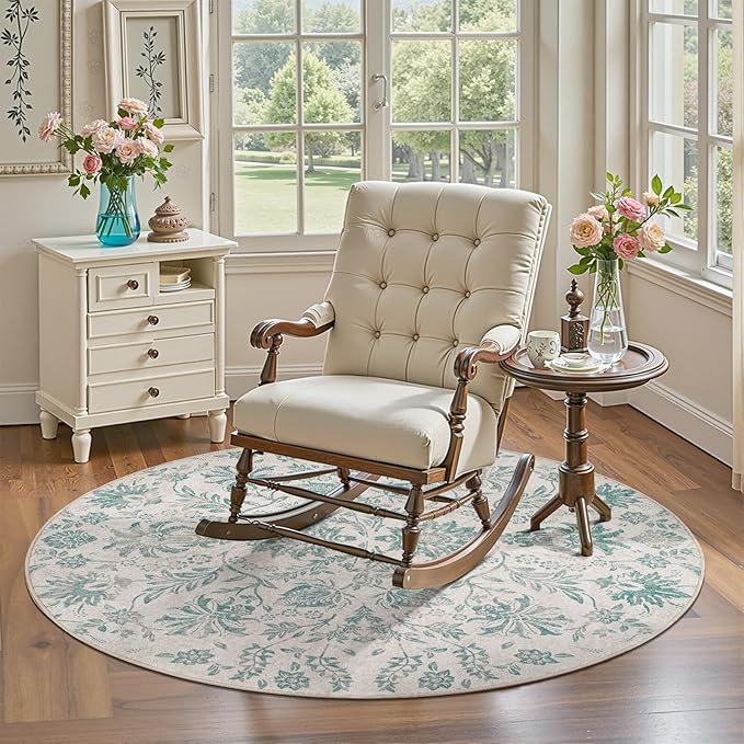 jinchan Torino Classic Floral Round Rug 5ft Vintage-Inspired Design 5’Circle Rug Machine Washable Ultra-Thin Low-Pile Non-Slip Indoor Carpet for Bedroom Dining Room Living Room Entryway