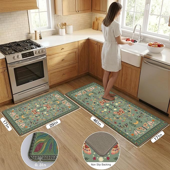 Anti Fatigue Mats for Kitchen Floor Green Kitchen Rugs Sets of 2 Bug Insect Butterfly Non Slip Cushioned Waterproof Comfort Memory Foam Standing Floor Mat for Office Laundry Sink Desk