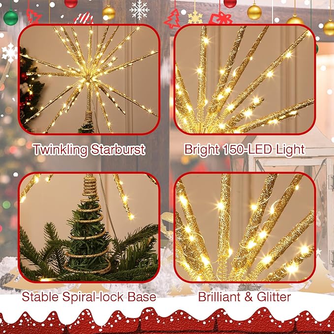 HMASYO 15 Inch Twinkling Starburst Christmas Tree Star Topper, 19-Point Gold Star Tree Topper with 150 LED, Remote Control & Timer, USB Power for Indoor Home Holiday Party Xmas Tree Decoration