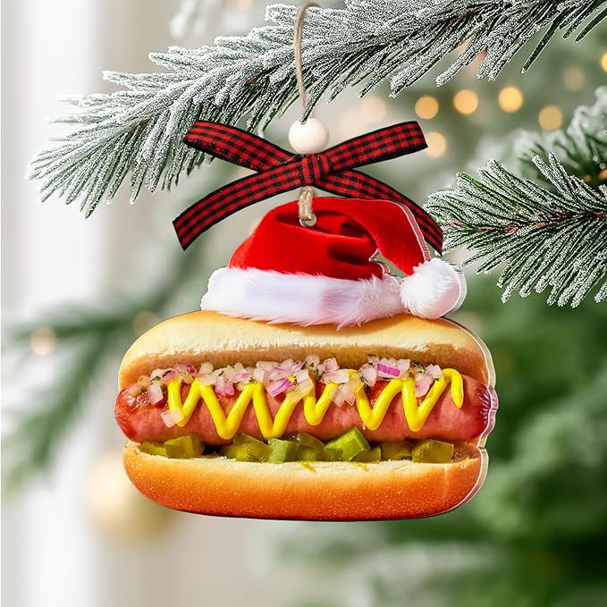 Hot Dog Christmas Ornaments - Funny Food Ornaments for Christmas Tree - Food Decorations Gifts for Lovers & Friends, Women, Men - Hanging Acrylic Ornament