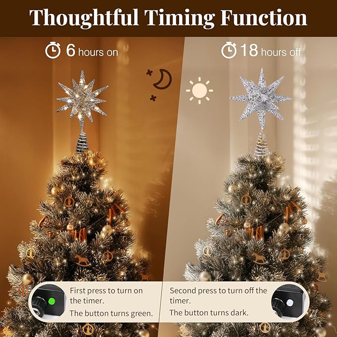 Lewondr Christmas Tree Topper, Plug in 3D Starburst Xmas Lighted Star Tree Topper, Remote Control & Timer Light Up Vintage Moravian Tree Topper for Christmas Decoraiton, Warm Light, Silver