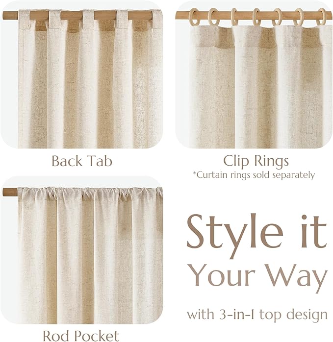 jinchan Linen Blend Closet Curtains 63 Inches Length 2 Panels for Bedroom Bathroom, Natural Farmhouse Country Cottage Core Style 38 Inches Wide Drapes with Rod Pocket Back Tab (38W x 63L, Ecru)