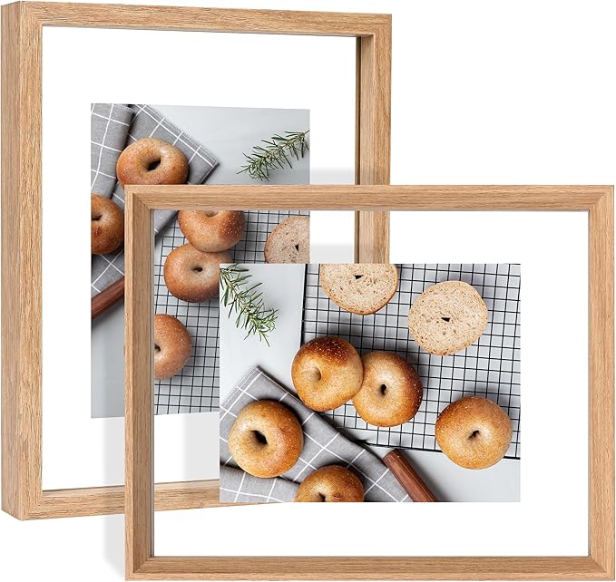 8x10 Floating Frames 2 Pack Wooden Photo Frame Double Sided Glass Picture Frame for Any Size Picture up to 8x10, Wall Mount or Tabletop Displays, Double-edged Frames, Natural
