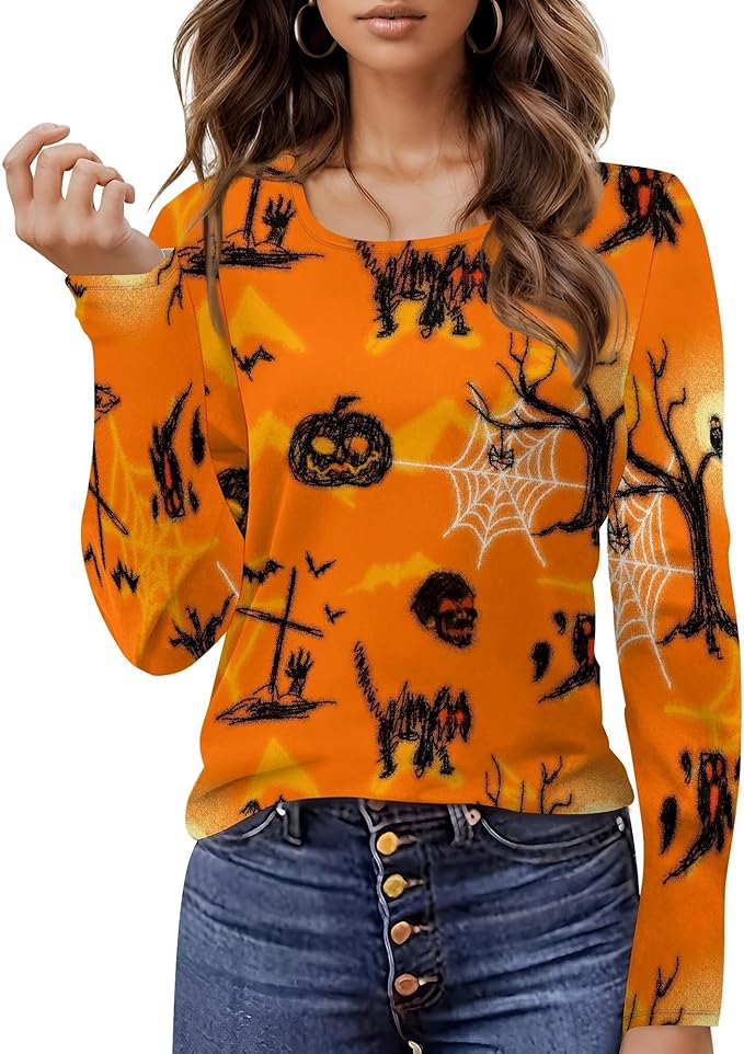Halloween Sweatshirt Ghost Graphic U-Neck Sweatshirt Long Sleeve Breathable Plus Size Halloween Pullover Best Gift