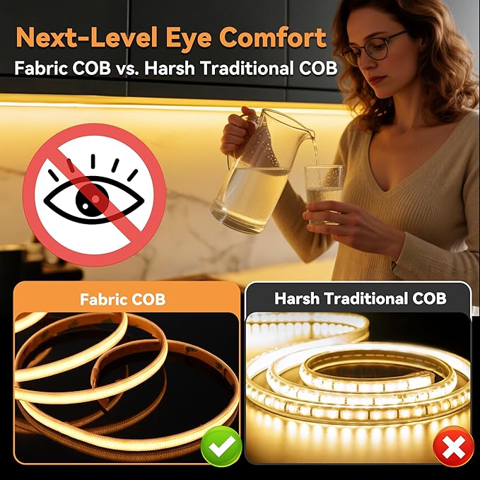59in USB Fabric COB LED Strip Light, 3000K Warm White, Soft Glare-Free Diffused Glow, Cuttable Flexible Under Cabinet, Pantry, Kitchen & Shelf Lighting