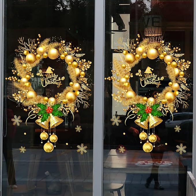 Winter Whole Golden Wreath Clings for Window Large Xmas Wreath Window Stickers Large News Years Decor DIY Static Wall Window Door Mural Showcase Decal Sticker-15.7x23.6 in (1 Pack)