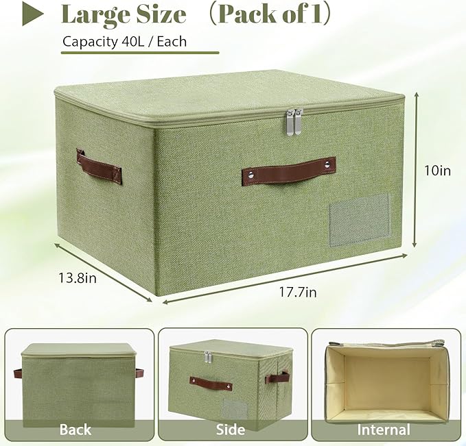ANMINY Storage Bins with Zipper Lid Storage Boxes with Label Holder PU Leather Handles Washable Foldable Decorative Lidded Cotton Linen Fabric Cubes Baskets Closet Organizer - Green, Large