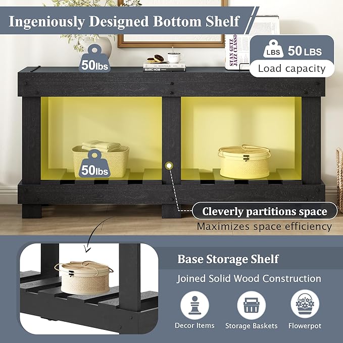 Vintage Entryway Console Table with 6 Legs & Thick Desktop, Solid Cedar Wood Long Accent Table Sofa Table with Metal Rivet Decor& Plank Under-Shelf for Hallway, Living Room (Black-6.3)