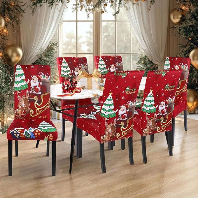 SearchI Christmas Chair Covers Set of 6, Stretch Xmas Kitchen Chair Cover Removable Washable Holiday Parsons Chair Slipcovers for Dining Room, Christmas Decoration, Ceremony(Santa Claus+Elk)