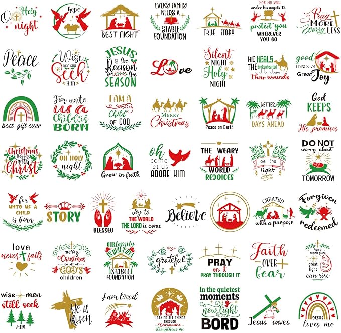 Fainne 100 Pcs Christmas Word Stickers for Crafts Christmas Vinyl Inspirational Stickers Waterproof Xmas Decals for Ornament Ball Wooden Cup Glass Water Bottle Decoration, 50 Style(Cross)