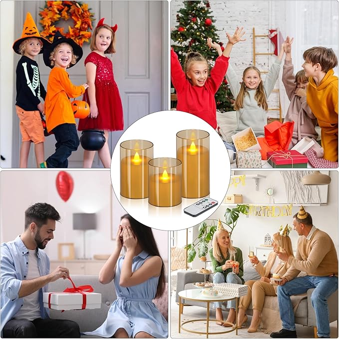Flameless Candles 4" 5" 6" Set of 3 Acrylic Glass Pillars 3" Diameter Battery Operated Flickering Candles Include 10-Key Remote with Timer Function 400+ Hours (Amber, Warm Light 3 Pack)