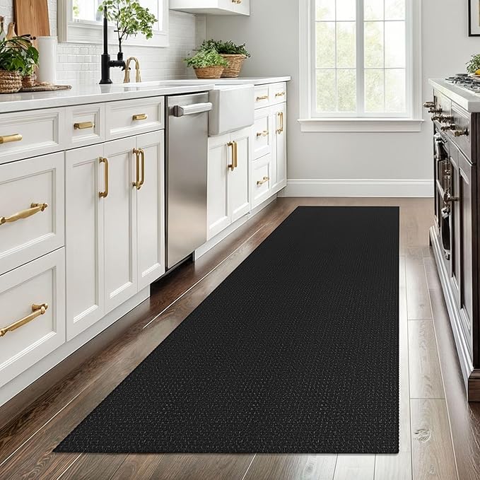 EARTHALL Woven Runner Rug 3x8 Ft Washable Runners for Hallways Wide Non Slip Rubber Backed Kitchen Runner Braided Indoor Floor Carpet for Entryway, Hallway, Kitchen, Bedroom, Black/Grey