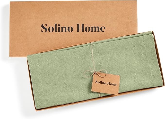 Solino Home Linen Table Runner 108 Inches Long - Athena, 100% Pure Linen Chambray Olive Table Runner 14 x 108 Inch for Dining, Spring, St Patricks Day