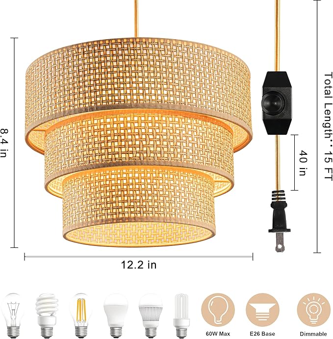 Plug in Pendant Light, Hanging Lamp with Dimmable Switch, Rattan Pendant Light Fixtures with 15 Ft Cord, Boho Lamp with Dark Yellow Shade for Bedroom, Kitchen, Living Room
