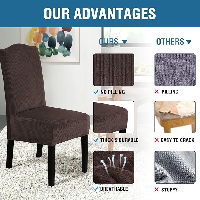 H.VERSAILTEX Velvet Dining Chair Covers Stretch Chair Covers for Dining Room Set of 2 Parson Chair Slipcovers Chair Protectors Covers Dining, Soft Thick Solid Velvet Fabric Washable, Brown Striped