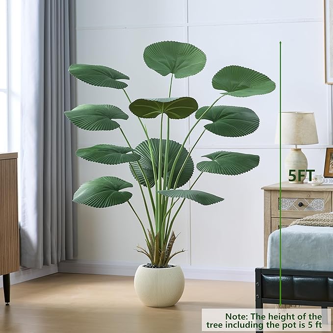 Artificial Palm Tree Faux Fan Palm Tree, 5FT Tall Tropical Areca Floor Plant in Pot Indoor and Outdoor Round Leaves Fake Plant for Home Bathroom Porch Outside Patio Decor