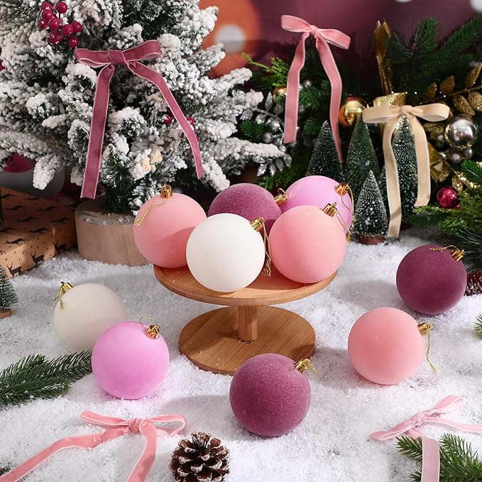 Syhood 46 Pcs Velvet Christmas Ornaments - 15 Pcs 3.15" Large Christmas Balls, 30 Flocked Bows, 1 Velvet Ribbon, Gradient Pink Xmas Tree Hanging Decorations for Vintage Xmas Holiday Decor