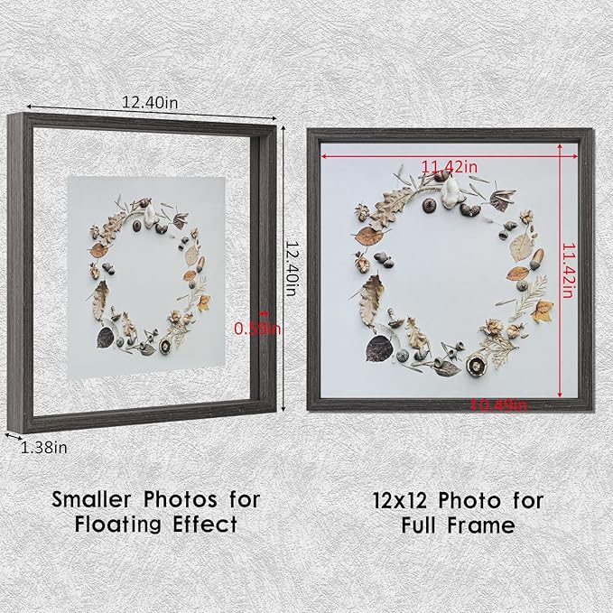 MUYE Square 12x12 Floating Frame in Gray,Double Glass Picture Frame for Wall Mount or Tabletop Standing with Hanging Hardware Included,Display Photo up to 12x12,2 Pack