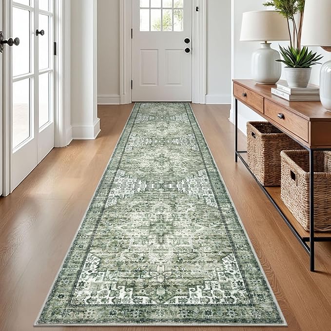 2.6x12 Washable Rug for Entryway, Green Soft Printed Area Rug, Non-Slip Kitchen Rugs, Low-Pile Medallion Indoor Door Mat, Small Farmhouse Carpet for Entrance Kitchen Foyer Bedside