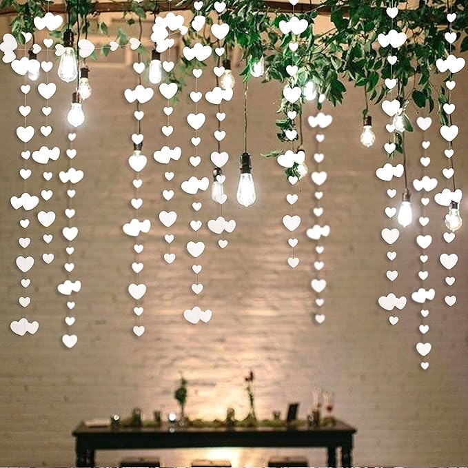 52Ft Valentines Day Party Decorations White Heart Garland White Love Heart Hanging Paper Streamer Banner for Wedding Anniversary Bridal Shower Engagement Mothers Day Bachelorette Winter Party Supplies